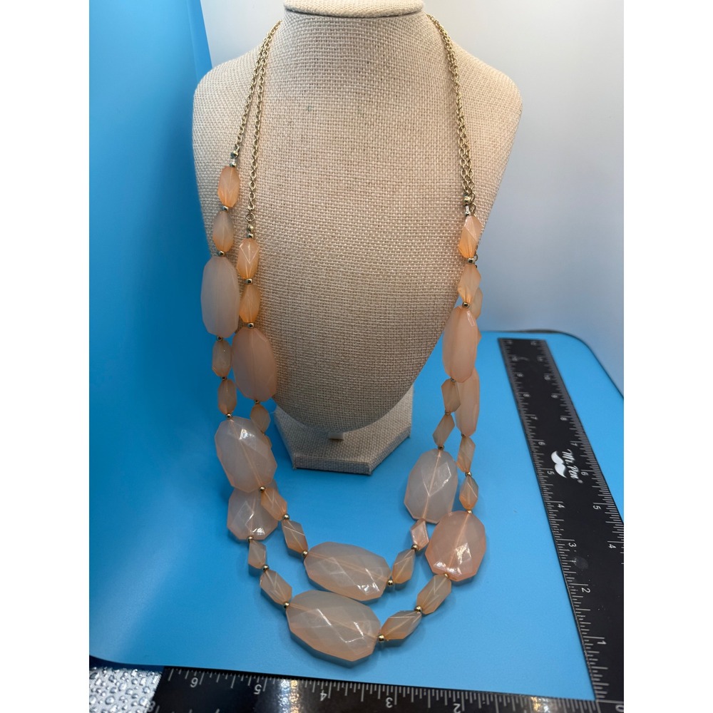 Peach Faceted Resin Bead Double Strand Statement Necklace Gold Tone Layered